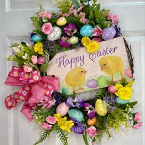 Easter Floral Wreath with Pink and Yellow Accents